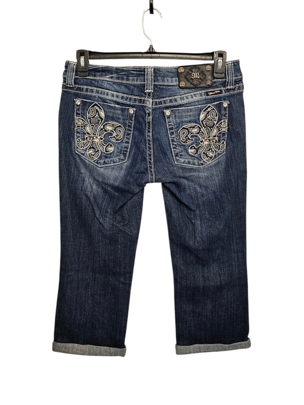 Miss Me Capri-Embroidered Fleur-de-lis Dark Blue Denim